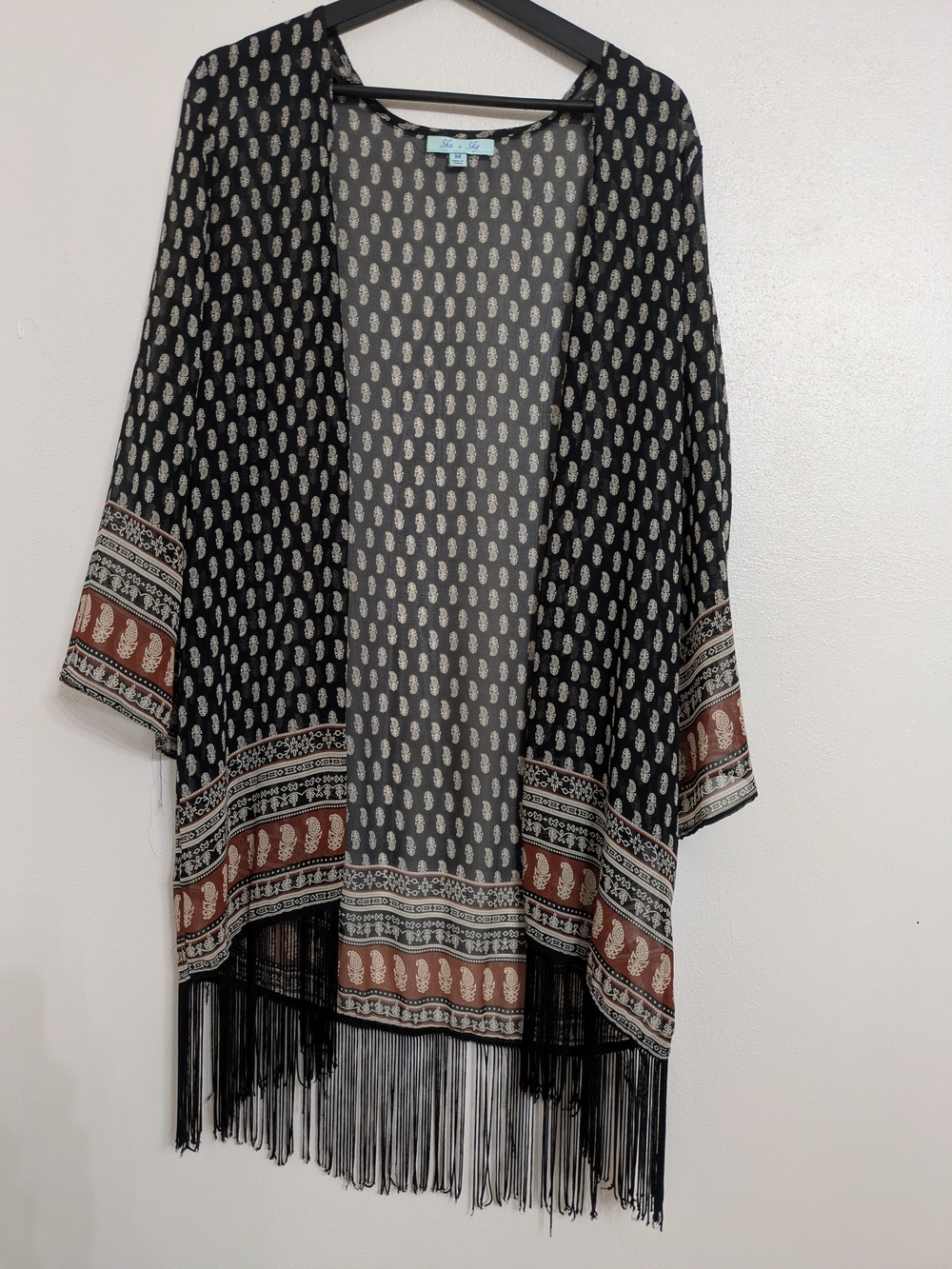 She + Sky Black Open-Front Boho Kimono with Rust and Cream Trim